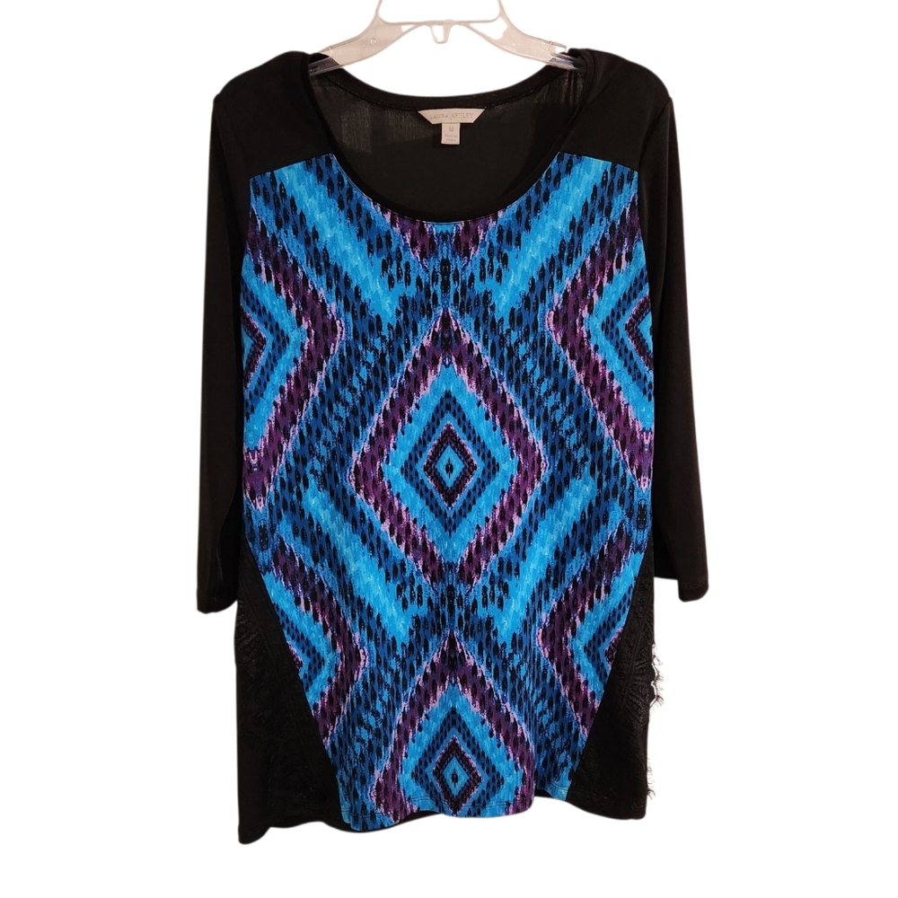 Laura Ashley Womens Sz M Blouse Geometric With Lace Detail 3/4 Sleeve Stretch